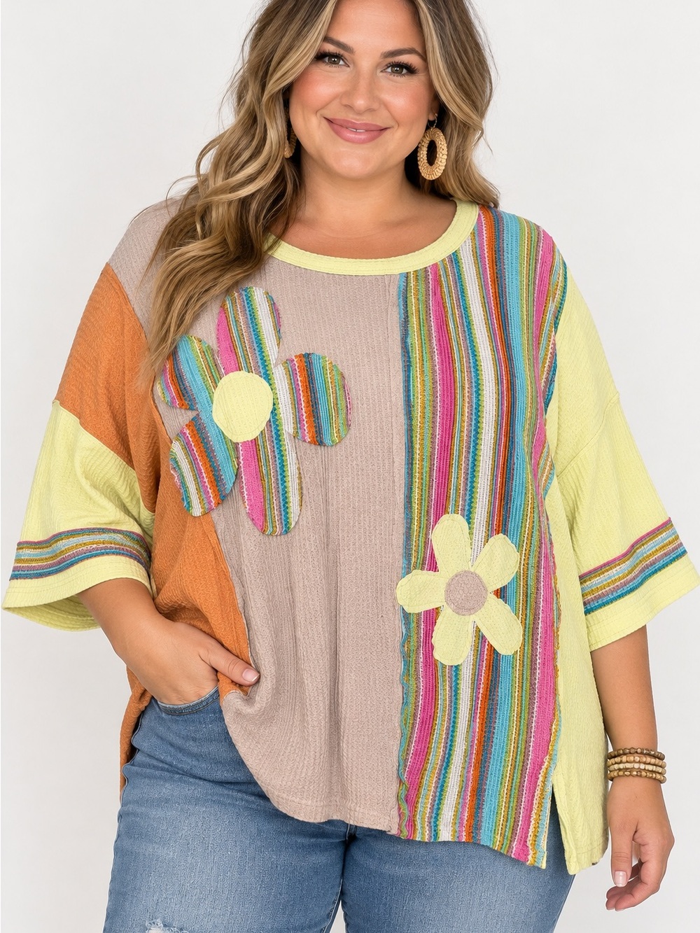 easel Multicolor Striped Floral Patch Tunic on Tan & Lemon